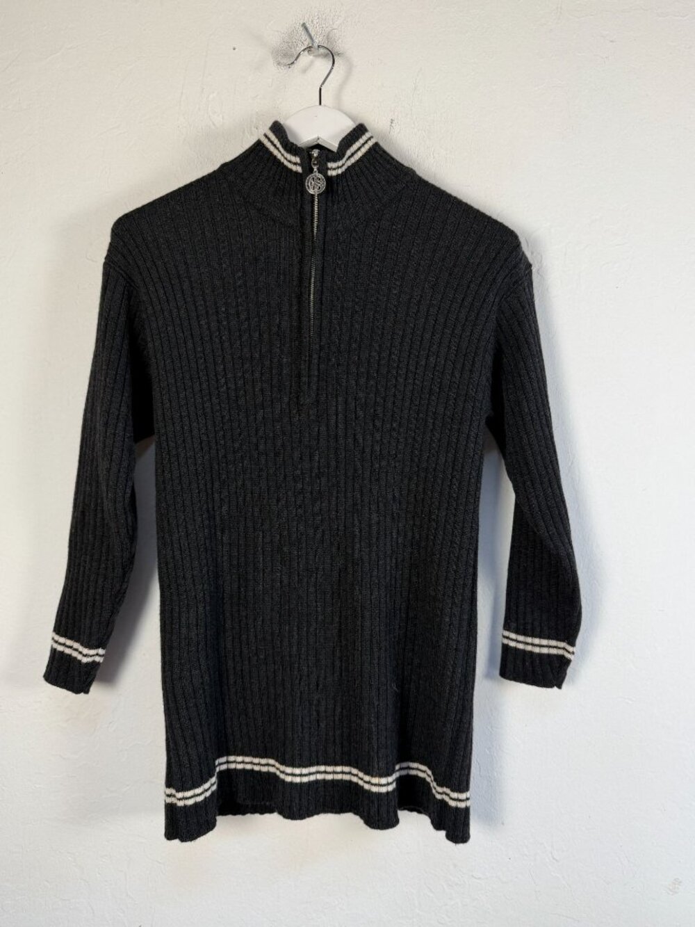 Classiques Entier Extrafine Merino Wool 1/4 Zip Sweater XS Petite Ribbed Striped